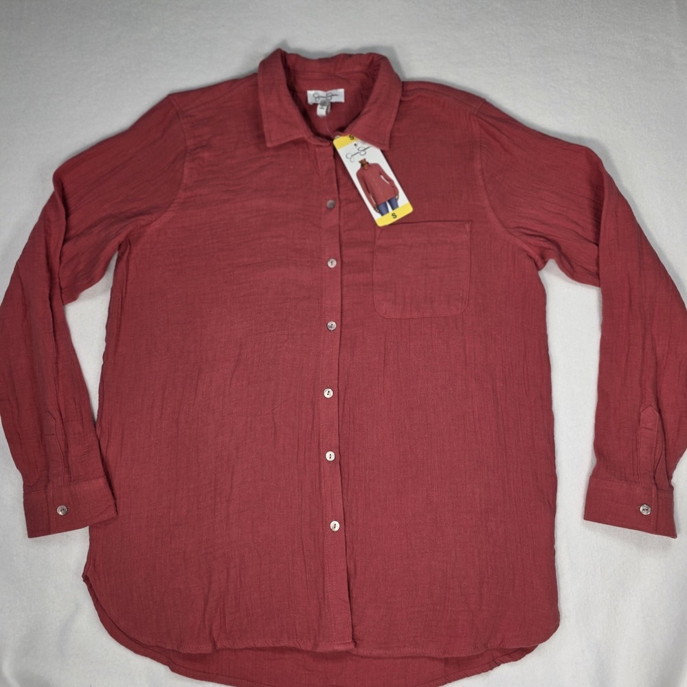 Jessica Simpson Women's Collared Relaxed Loose Fit Shirt, Coral Red, Size S - Picture 2 of 9